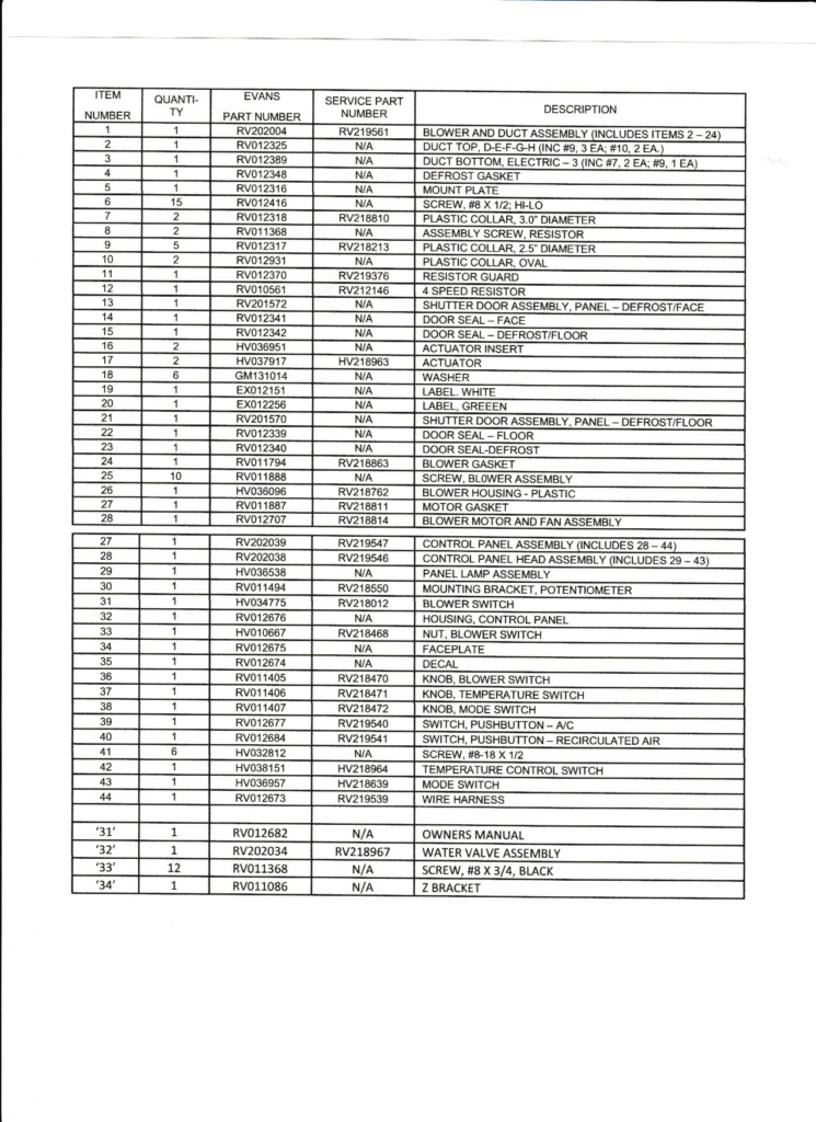 Evans Spec Sheet RV213829 - Comfort Air Inc. RV HVAC Parts