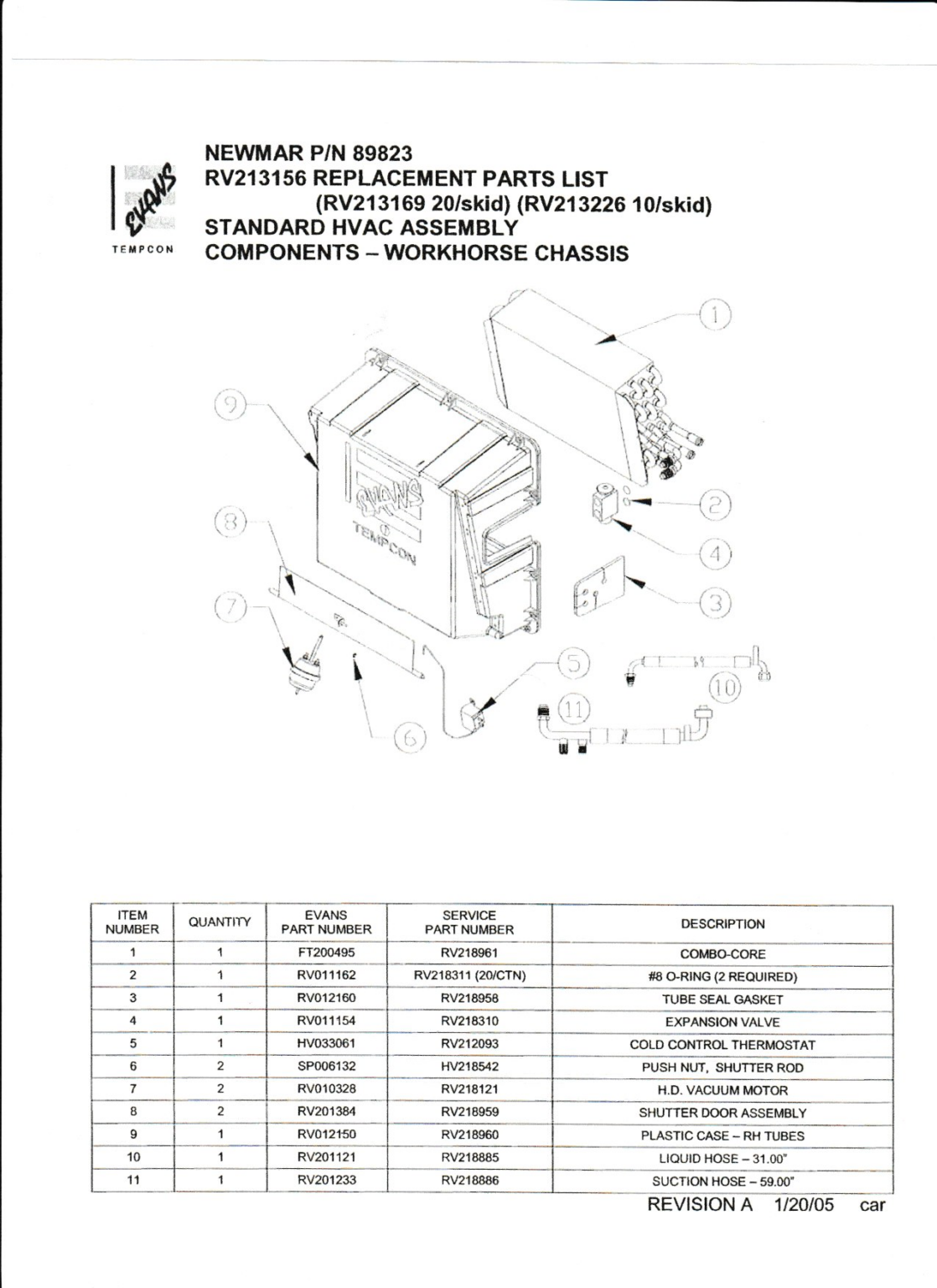 Standard HVAC Assembly Evans Spec sheet RV213156 (NEWMAR P/N 89823