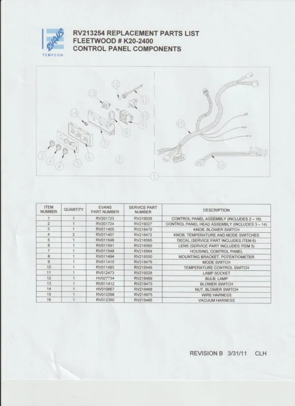 Evans Spec Sheet RV213254