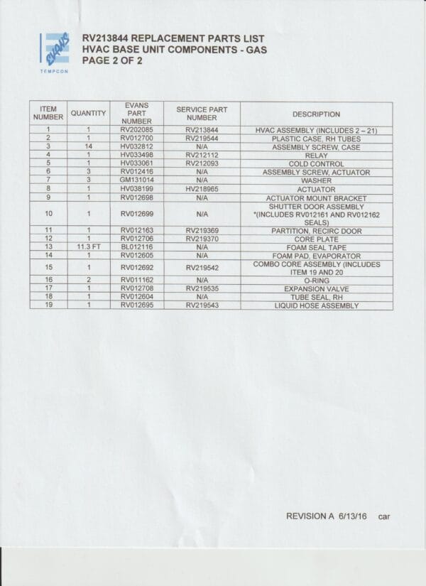 Evans Spec Sheet RV213844 - Image 2