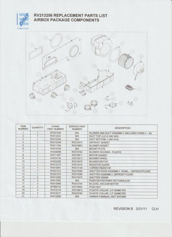 Evans Spec Sheet RV213256