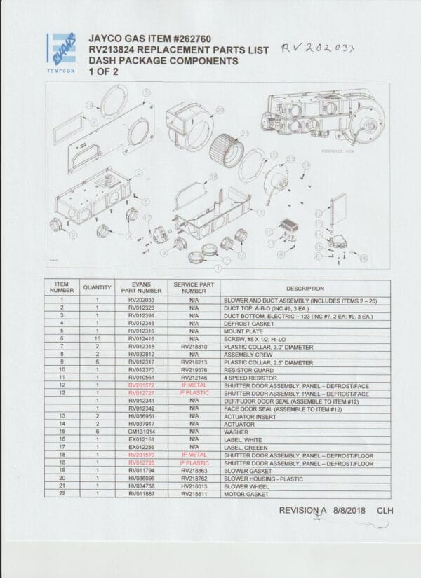 Evans Spec Sheet RV213282 & RV202033