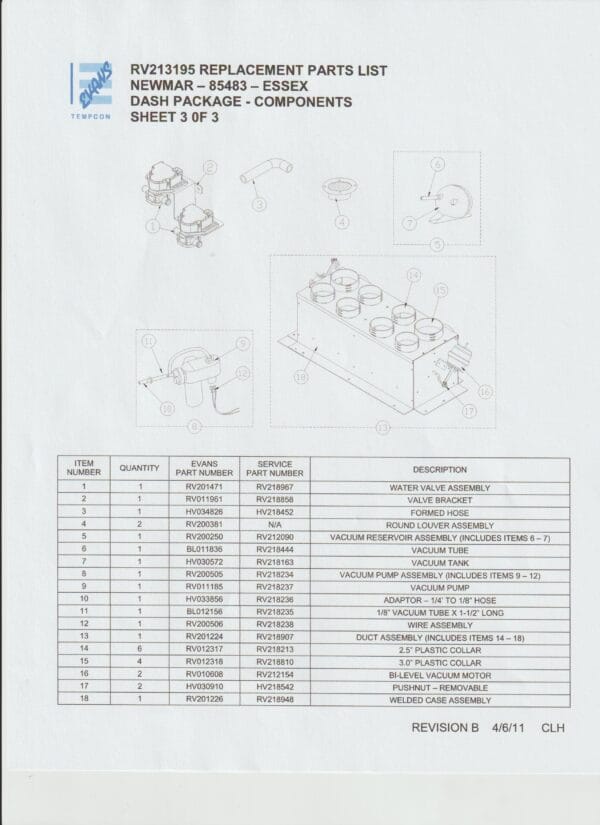 Evans Spec Sheet RV213195 Dash Package Components - Image 3