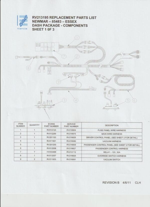 Evans Spec Sheet RV213195 Dash Package Components