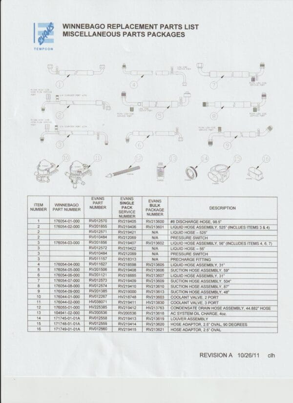 Evans Spect Sheet, Winnebago Replacement Parts List