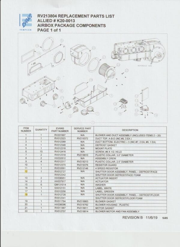 Evans Spec Sheet RV213804 Parts list