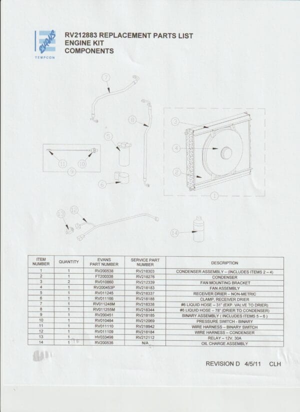 Evans Spec Sheet RV212883 Replacement parts list