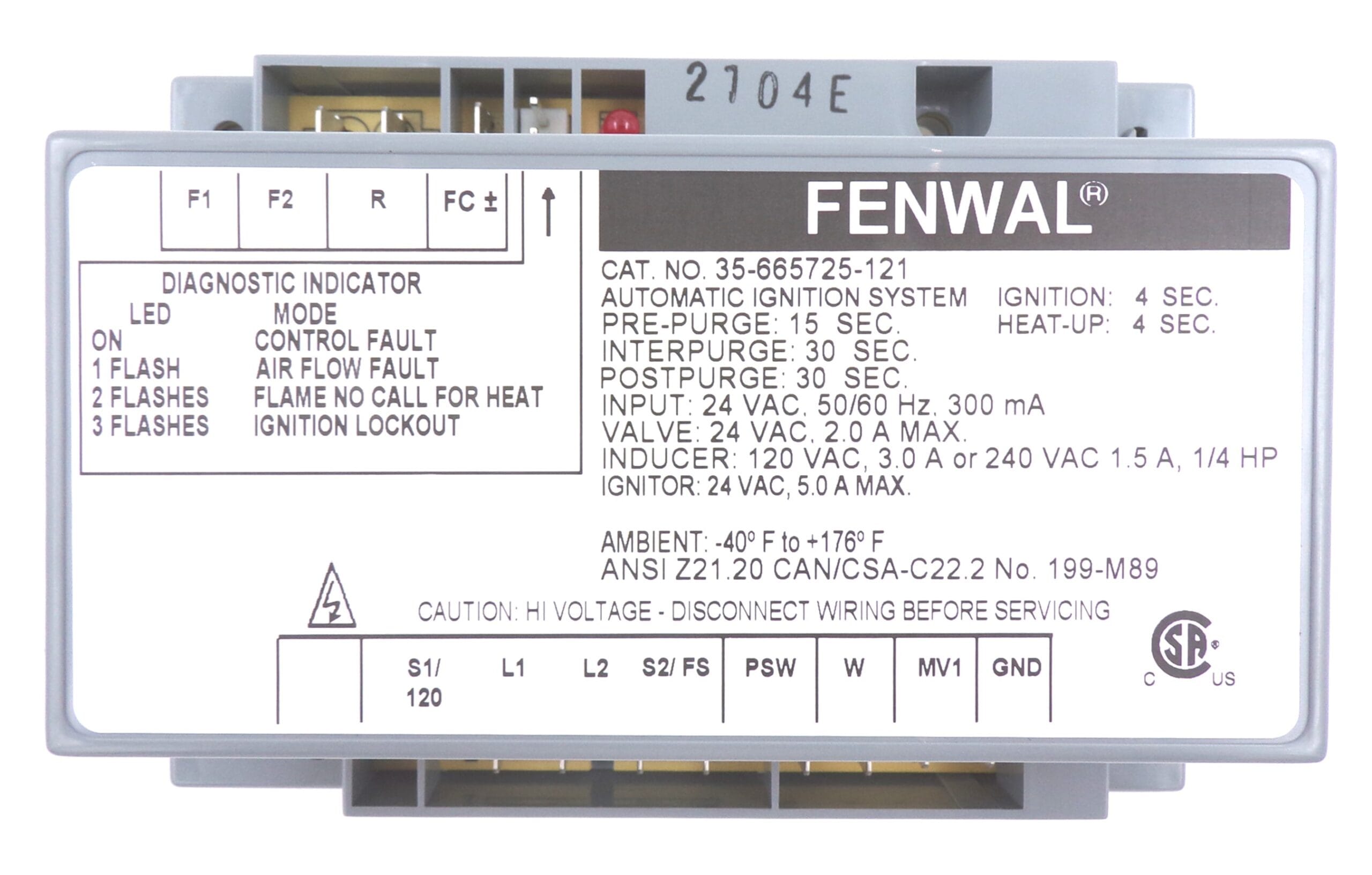 Fenwal 35-665725-121 Ignition Module – 24V, 15 Sec Prepurge, 30 Sec Trial, Same Day Shipping
